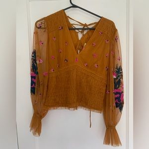 Anthropologie Mustard Embroidered Sheer Top